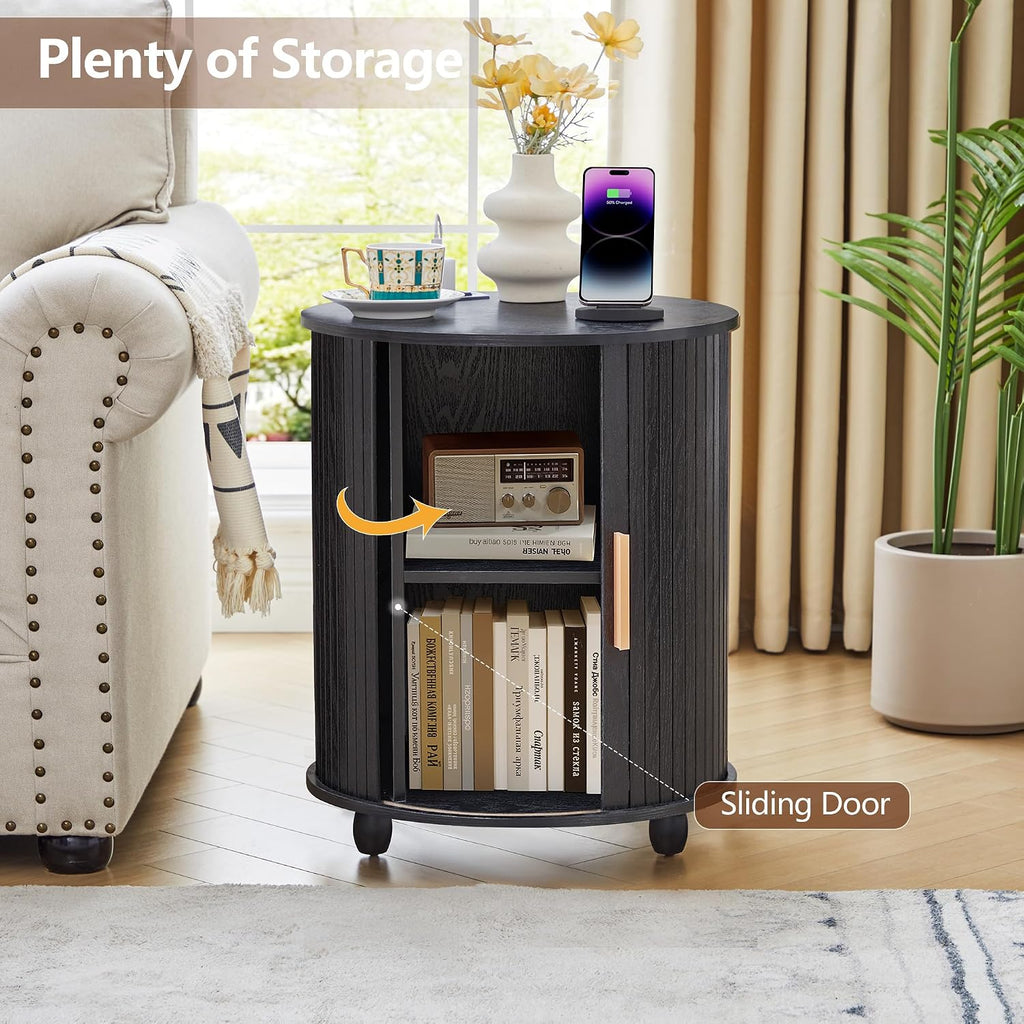 Set of 2 Fluted Round End Table with Charging Station, Small Farmhouse Sofa Side Table with Sliding Tambour Door & Storage, Mid-Century Wood Fulted Nightstands for Living Room, Bedroom (Black)