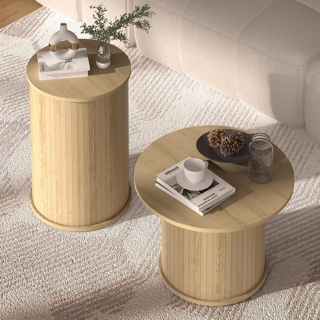 Set of 2 Round Wood Coffee Table Set for Living Room, Fluted Circle Nesting Coffee Tables for Apartment, Small Spaces, Bedroom, Modern Style, Easy Assembly & Maintenance, Oslo Oak