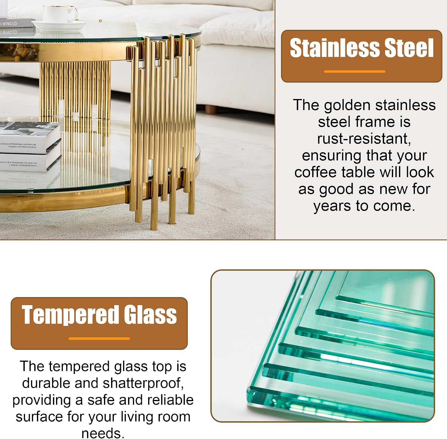 Round Glass Coffee Table Set of 3, Gold Living Room Table Set with Coffee Table and 2 End Table, 2-Tier Glass Table with Stainless Steel Legs and Clear Tempered Glass for Living Room