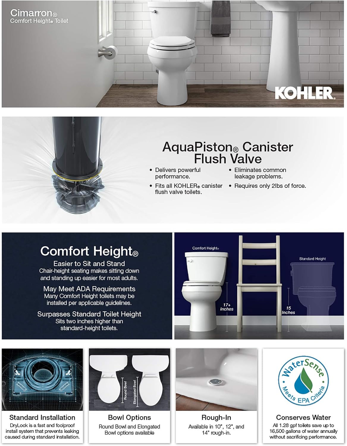 KOHLER 5310-96 Cimarron Comfort Height Skirted Trapway Comfort Height Two-Piece Elongated Toilet, Left-Hand Trip Lever, Biscuit