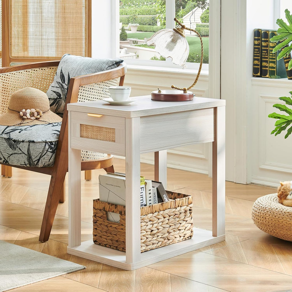 LEYAOYAO Narrow Side Table Set of 2, 24'' Night Stand with Charging Station, Rattan Nightstand with Drawer Storage, Bedside End Table with Small Spaces, Wood Boho Nightstand for Living Room Bedroom