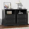 Nightstand with Charging Station Set of 2,18' Wide End Table with 2 Large Drawers & Metal Handles,Farmhouse Wood Small Dresser,Bedside Table,Modern Chest of Drawers for Bedroom,Living Room,Black
