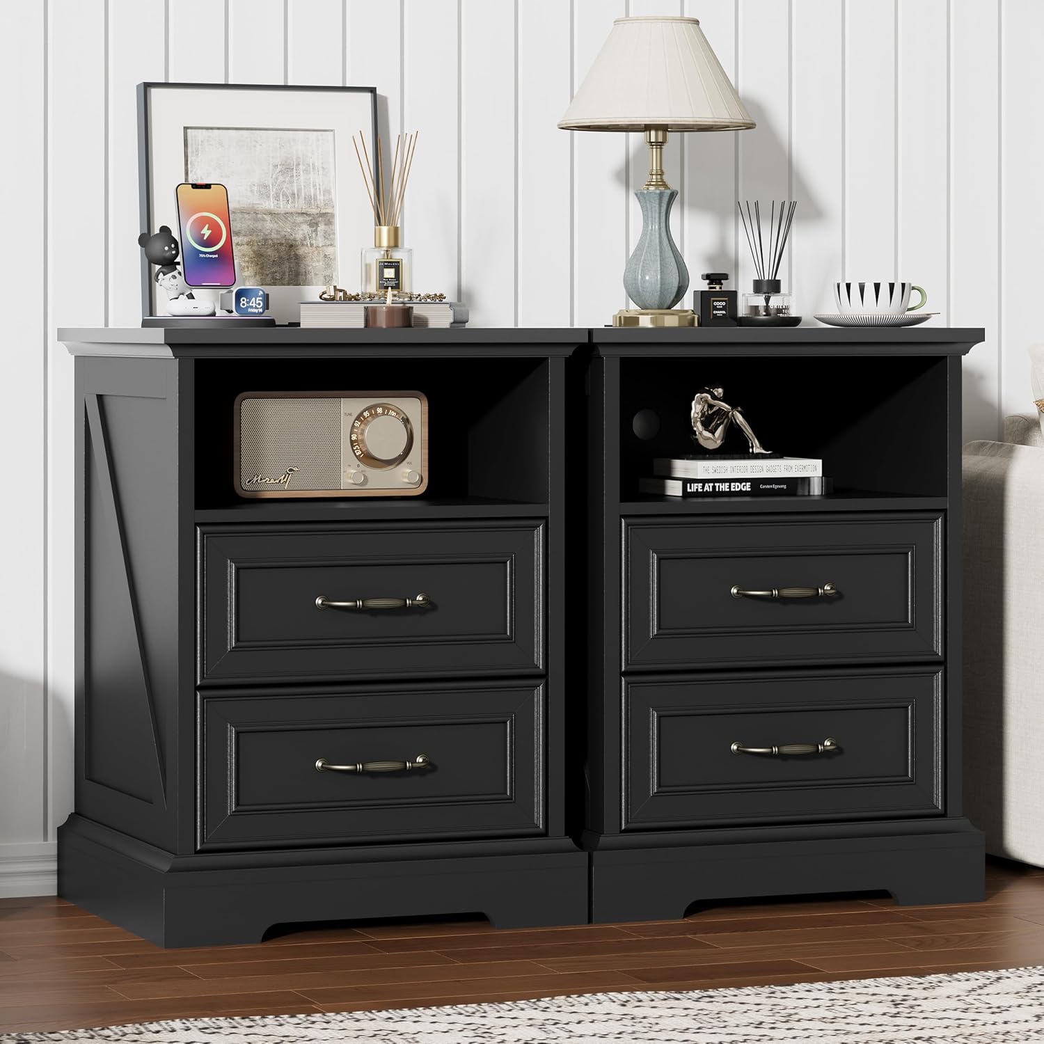 Nightstand with Charging Station Set of 2,18' Wide End Table with 2 Large Drawers & Metal Handles,Farmhouse Wood Small Dresser,Bedside Table,Modern Chest of Drawers for Bedroom,Living Room,Black
