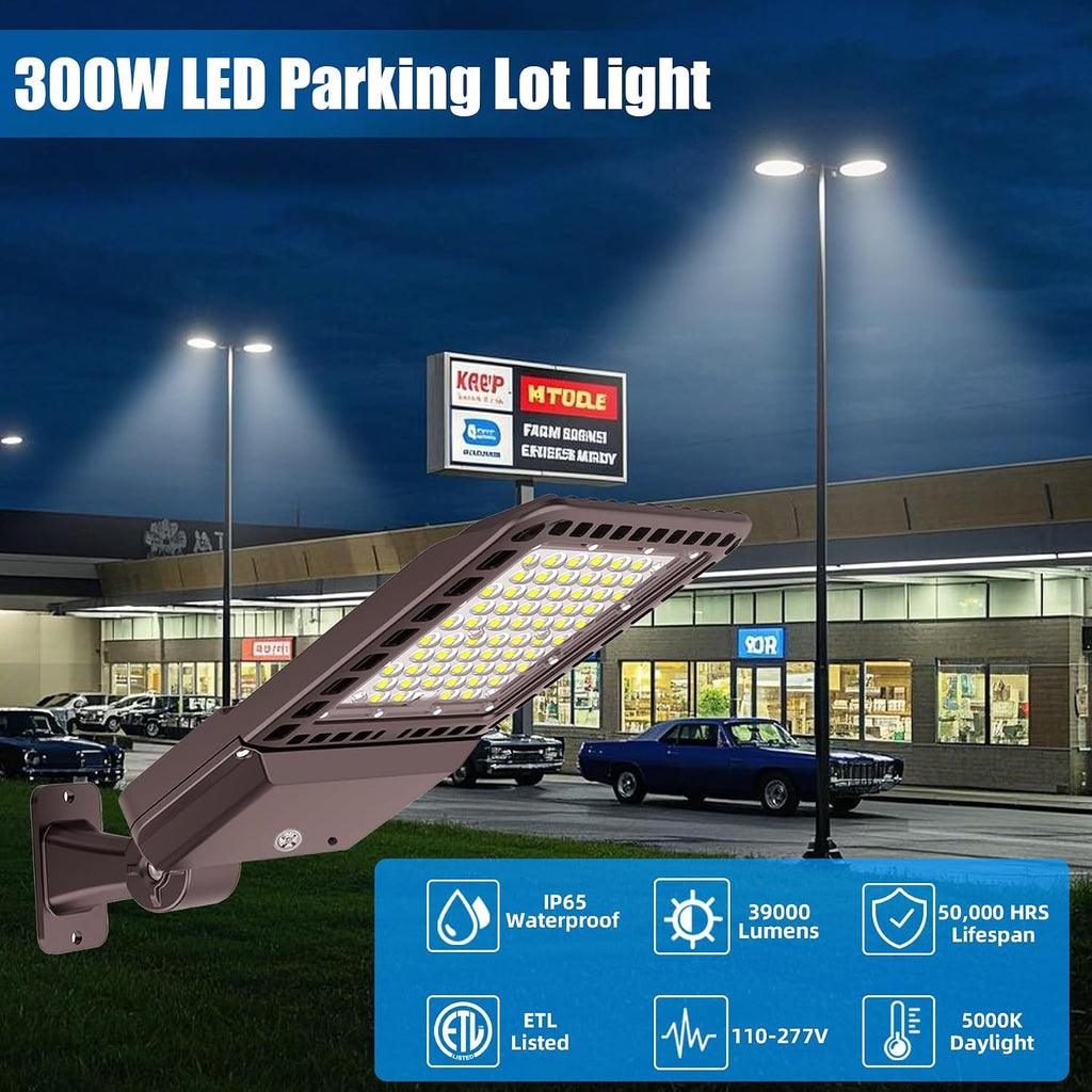 300W LED Parking Lot Lights with Adjustable Arm Mount 6 Pack 39000LM 5000K LED Street Light with Dusk to Dawn Photocell, IP65 Waterproof Commercial Area Flood Lighting for Yard, Driveway, ETL Listed