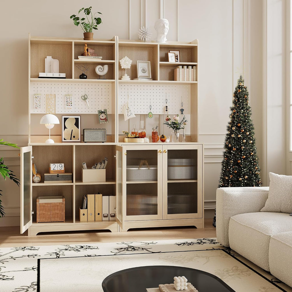 71' Tall Pantry Cabinet with 2 Glass Doors, Freestanding Kitchen Storage Cabinet with Open Storage & Adjustable Shelves, Modern Farmhouse Cupboard Coffee Bar for Dining Room, Living Room, Natural