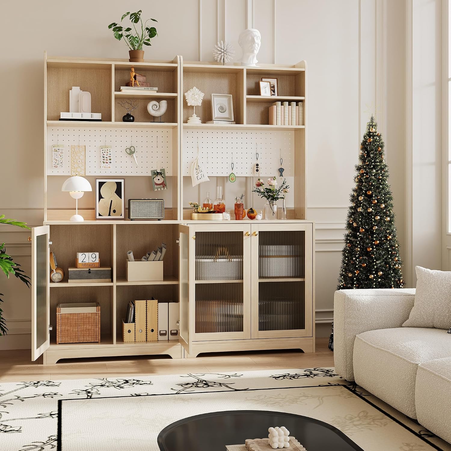 71' Tall Pantry Cabinet with 2 Glass Doors, Freestanding Kitchen Storage Cabinet with Open Storage & Adjustable Shelves, Modern Farmhouse Cupboard Coffee Bar for Dining Room, Living Room, Natural