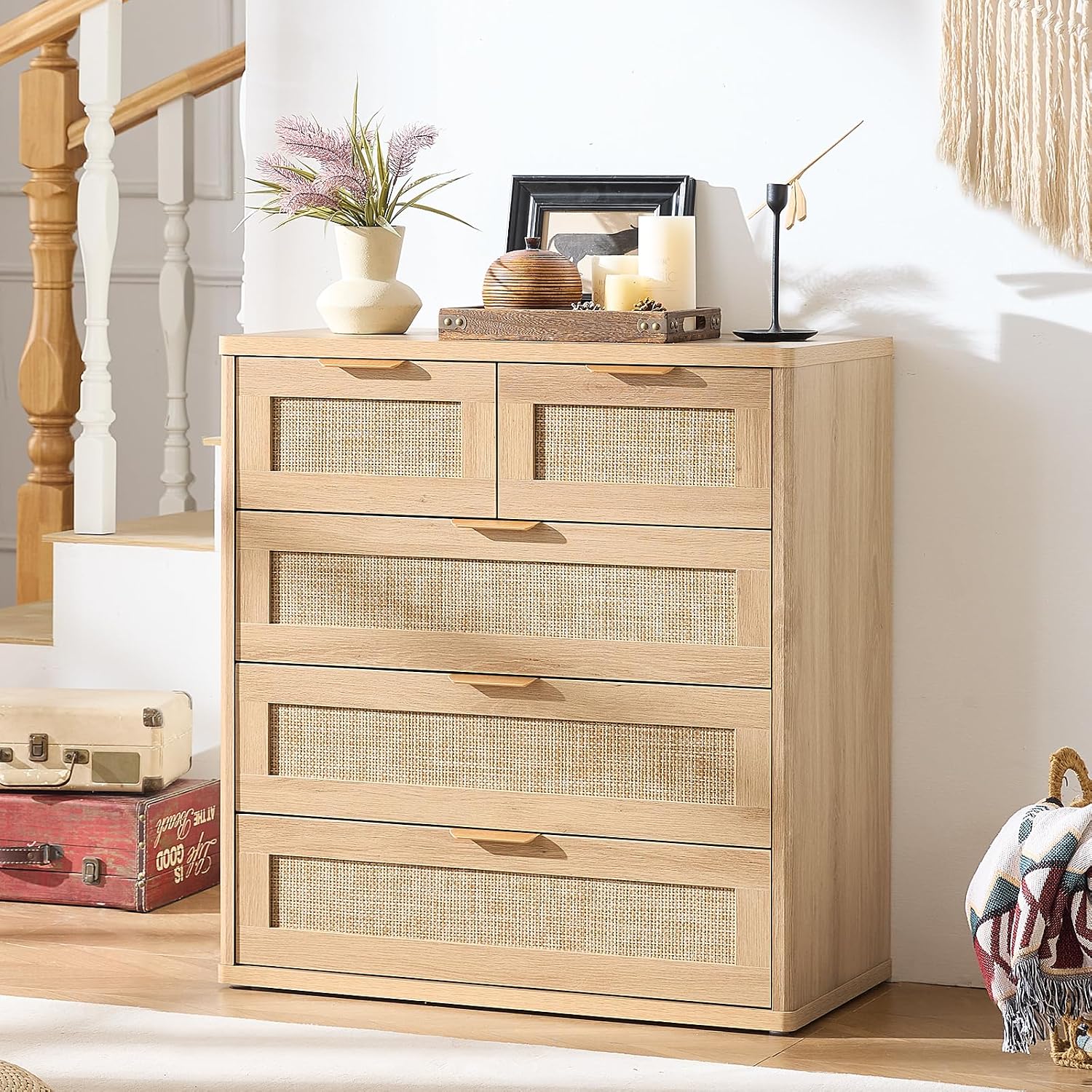 LEYAOYAO Rattan Dresser for Bedroom Set of 2, 33.5' Tall Chest of Drawers, Modern 5 Drawers Boho Dressers with Storage, Light Oak Dresser Wooden Closet Organizer for Living Room, Hallway, Natural Wood