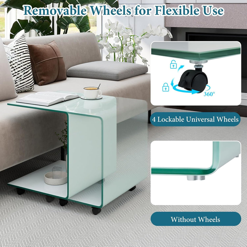 Tangkula Tempered Glass Side Table, Modern C-Shaped Bedside Table Nightstand with Storage Shelf, 4 Lockable Universal Wheels, Rolling Sofa End Table for Living Room Bedroom Office (2, White)
