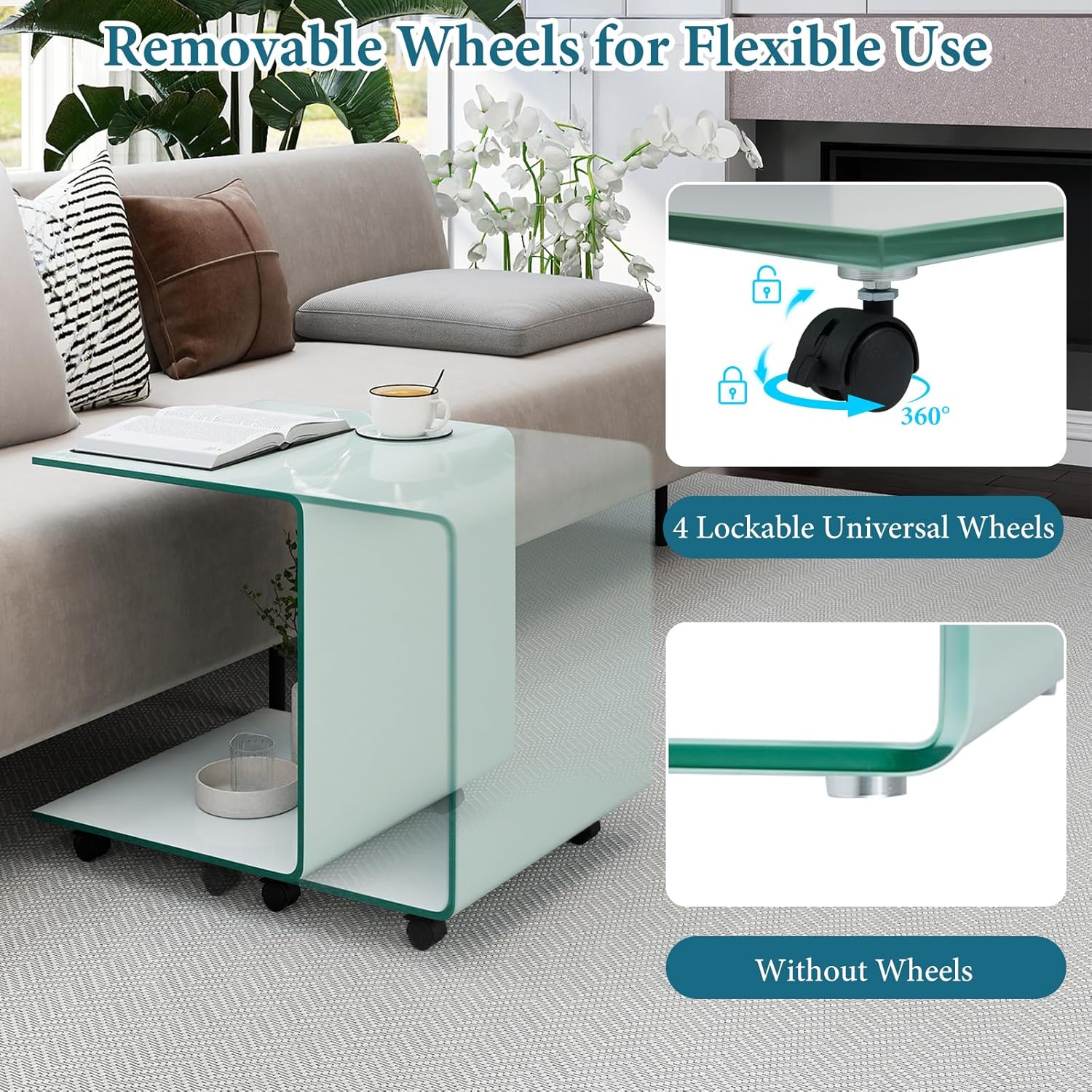 Tangkula Tempered Glass Side Table, Modern C-Shaped Bedside Table Nightstand with Storage Shelf, 4 Lockable Universal Wheels, Rolling Sofa End Table for Living Room Bedroom Office (2, White)