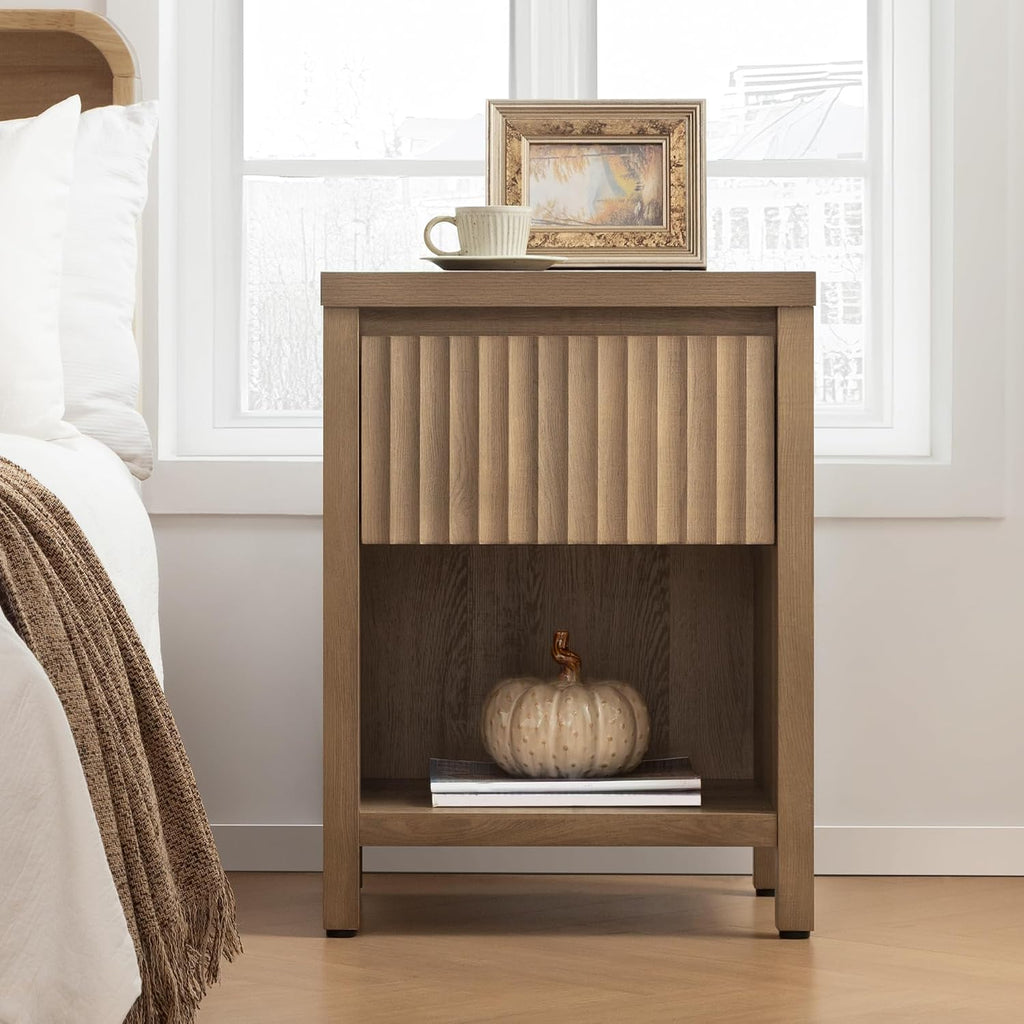 SICOTAS Fluted Night Stand Set of 2, Farmhouse Nightstands with Drawer, Boho Bedside Table with Storage Shelf, Large End Tables Bed Side Tables for Bedroom, Caramel Oak