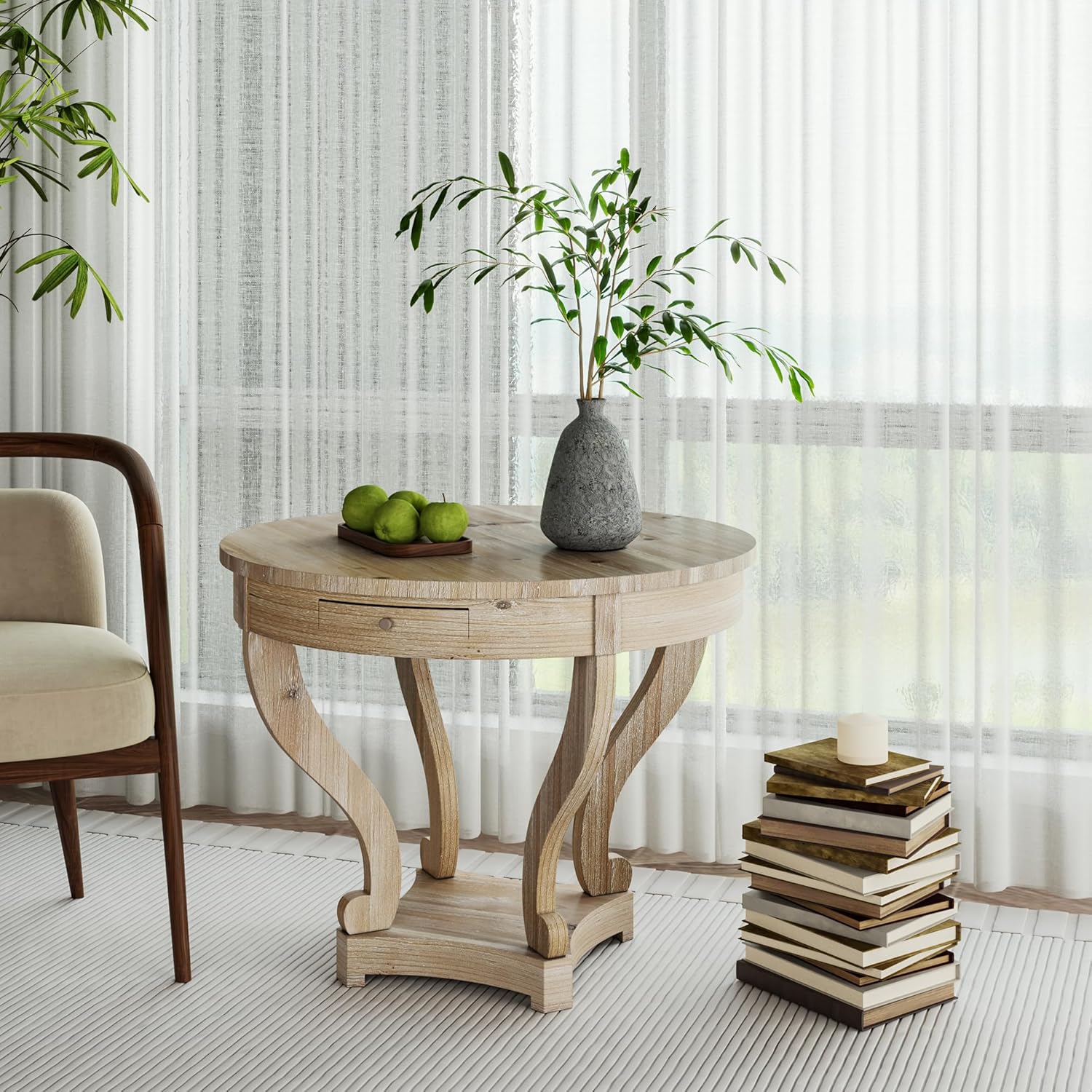 Round Large Side Table End Table with 2 Drawer Storage Space for Living Room, Modern Farmhouse Style (ø31.5''*27.1'', Natural Wood Grain)