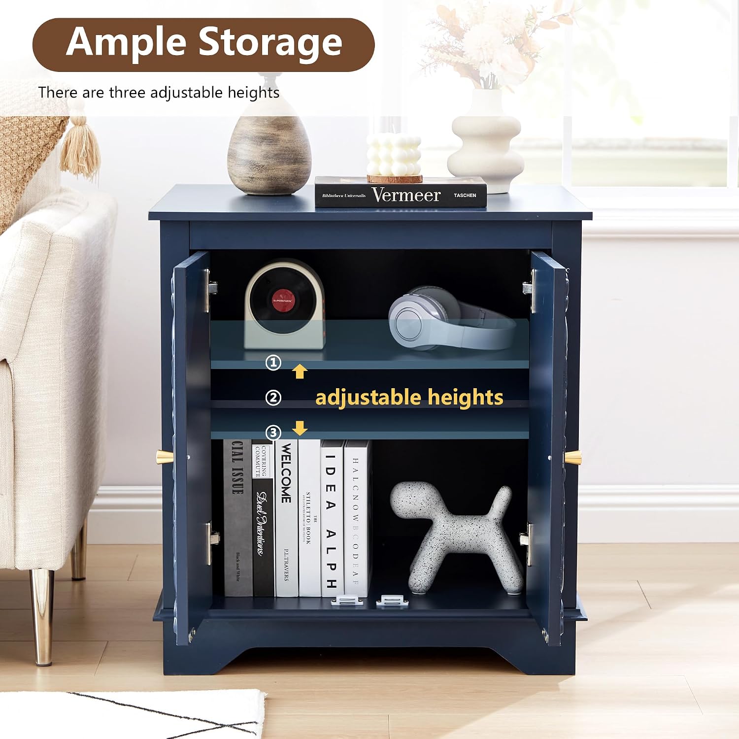 weselon Farmhouse End Table with Carved Floral Door, 24' Wide Nightstand with Adjustable Shelf, Wooden Square Sofa Side Table Storage Table for Living Room Bedroom (Midnight Blue)