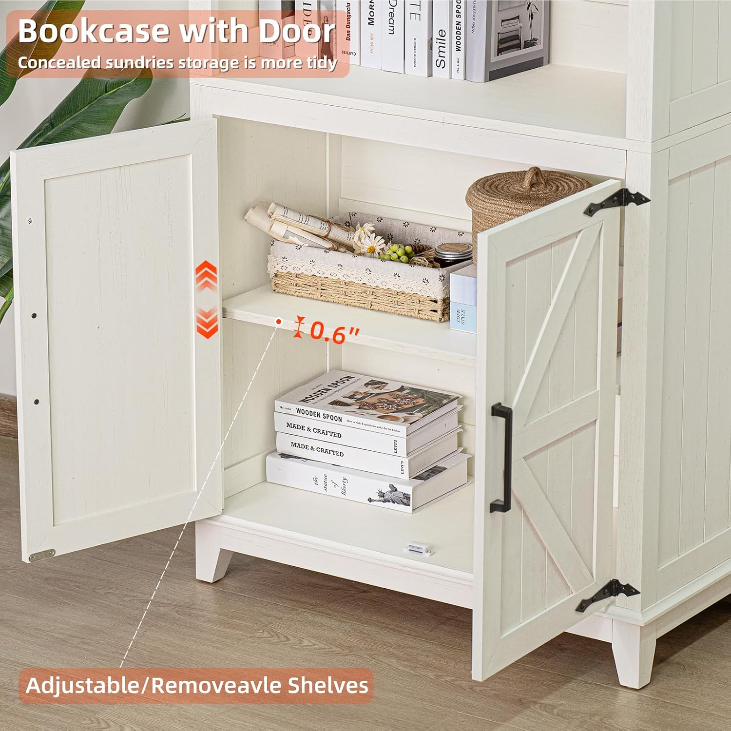 Joaxswe 5 Tier Bookshelf 70in Tall Bookcase with Barn Doors and Storage Cabinet, White Farmhouse Book Shelf with Adjustable Shelves, Wood Freestanding Display Bookshelves for Bedroom, Living Room