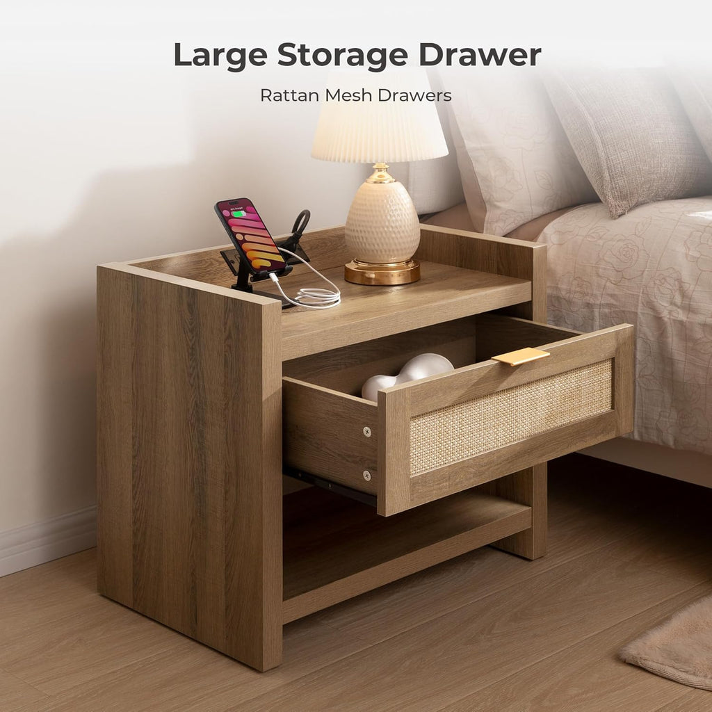 SICOTAS Night Stand Set of 2 Nightstands - Rattan Bed Side Table with Drawer Storage,Type-C Charging Station End Table - Boho Bedside Night Stands for Bedroom - Natural Oak