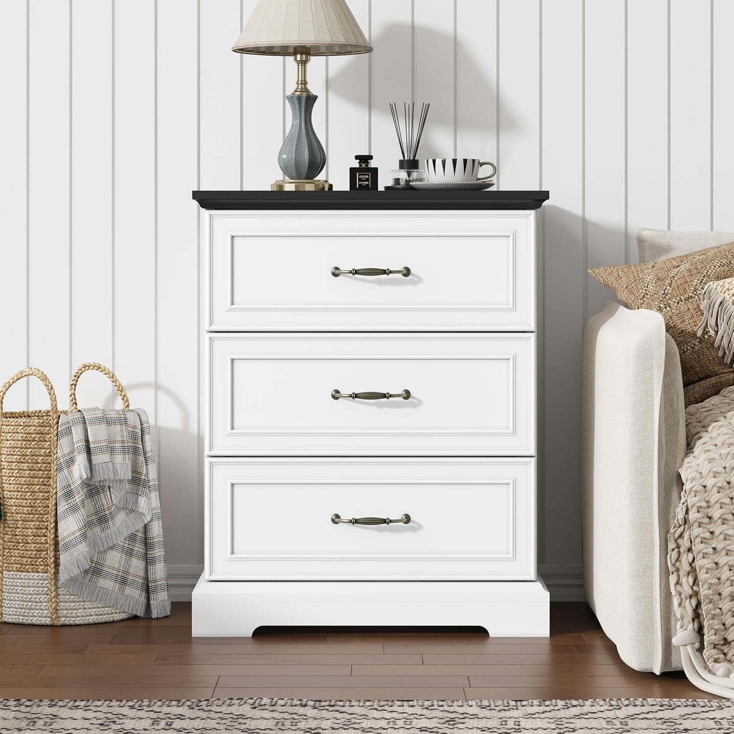 Nightstand Set of 2,24' Wide End Table with 3 Large Drawers & Metal Handles,Rustic Farmhouse Wood Small Dresser,Bedside Table,Modern Chest of Drawers for Bedroom,Living Room,White
