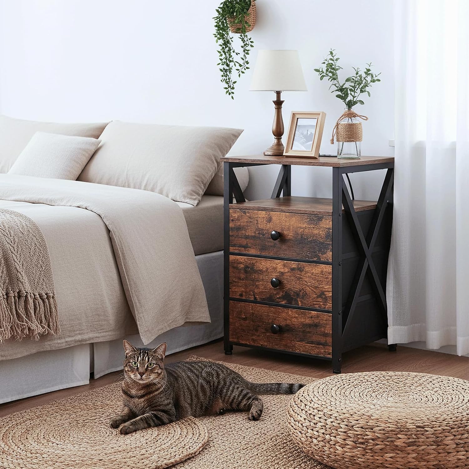 AMHANCIBLE Night Stand Set 2, LED Nightstand with Charging Station, End Side Tables with USB Port & Outlet, Bedside Tables with 3 Fabric Drawers for Bedroom, Rustic Brown HET053LBR
