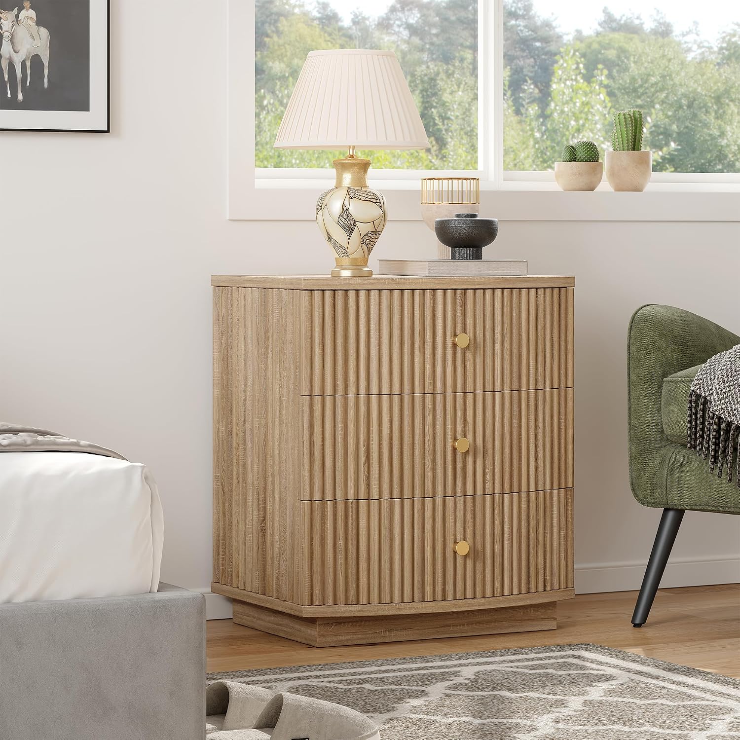 Dresser for Bedroom,6-Drawer Dresser, Mondern Wide Chest of Drawers with Fluted & Curved Design, Large Storage Chest for Bedroom, End Table for Living Rooms, （Natural*2）