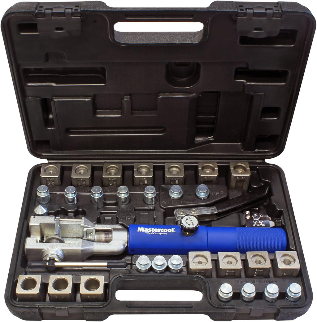 Mastercool 72475-PRC Universal Hydraulic Flaring Tool Set – Patented Design – 45° Double & Single Flares, Push Connect, GM Fuel Line, Brake Line – Includes Hydraulic Ram & Mini Tube Cutter