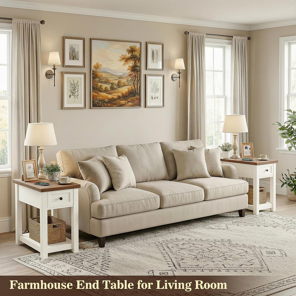 Narrow End Table Set of 2 with Charging Station - Farmhouse Side Tables with Drawer, 14' Wood Nightstands Set of 2 for Bedroom Living Room, Slim Couch Bedside Table Small Spaces, Antique White & Brown