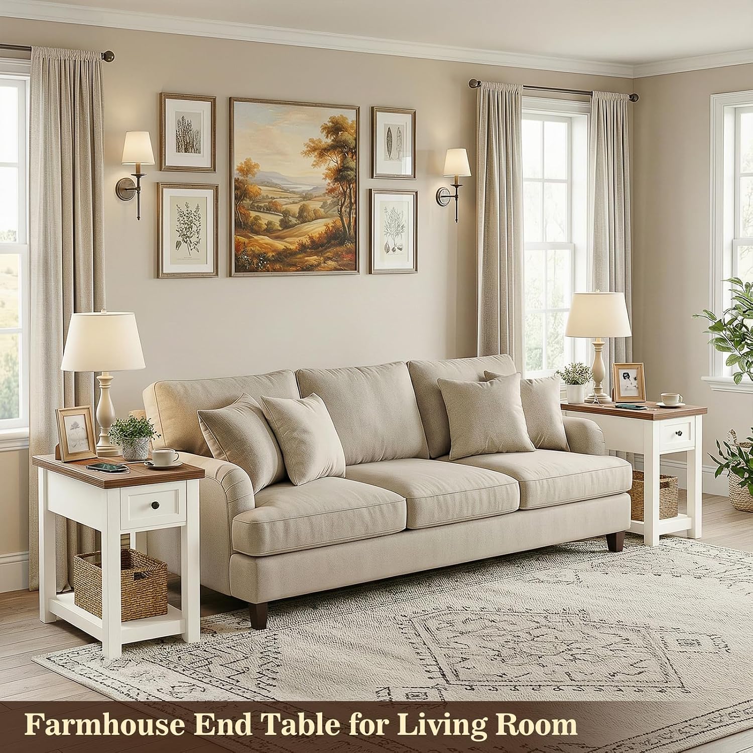 Narrow End Table Set of 2 with Charging Station - Farmhouse Side Tables with Drawer, 14' Wood Nightstands Set of 2 for Bedroom Living Room, Slim Couch Bedside Table Small Spaces, Antique White & Brown