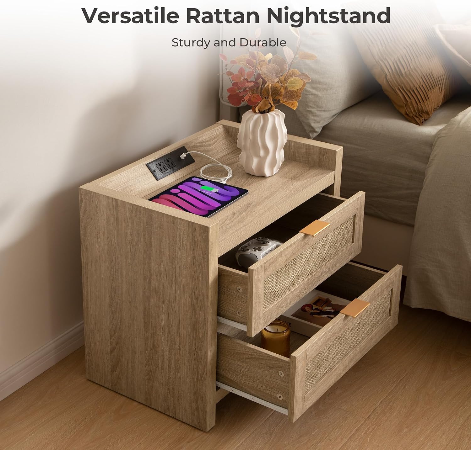 SICOTAS Rattan Nightstands Set of 2 Bedside Table - Bedroom Night Stand with Type-C Charging Station, 2 Drawers Storage - Boho Night Stands End Table for Bedroom Office - Light Oak