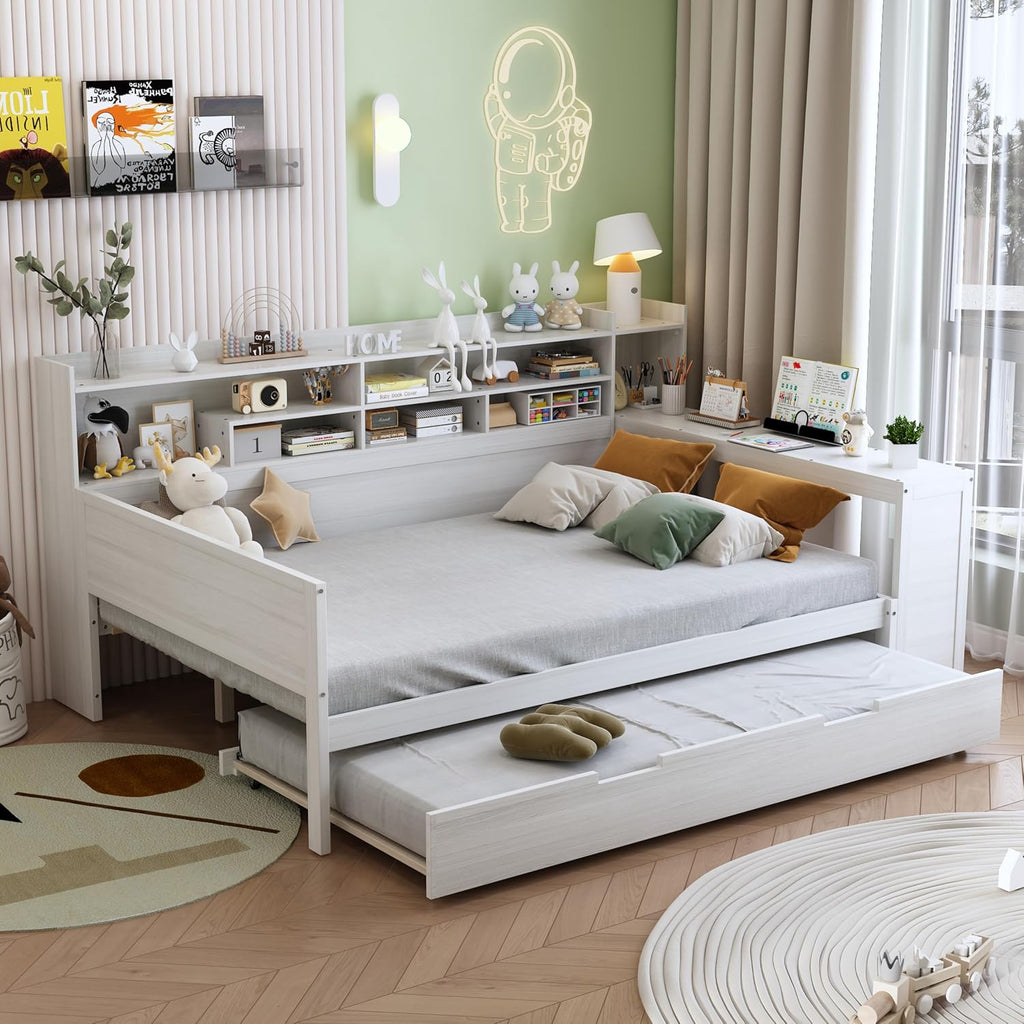 Wooden Full Size Corner Day Bed with Twin Trundle and Desk,L Shape Corner Daybed Frame with Storage Shelves and Wood Slat Support for Kids Teens Bedroom Guest Room,No Box Spring Needed,Antique White