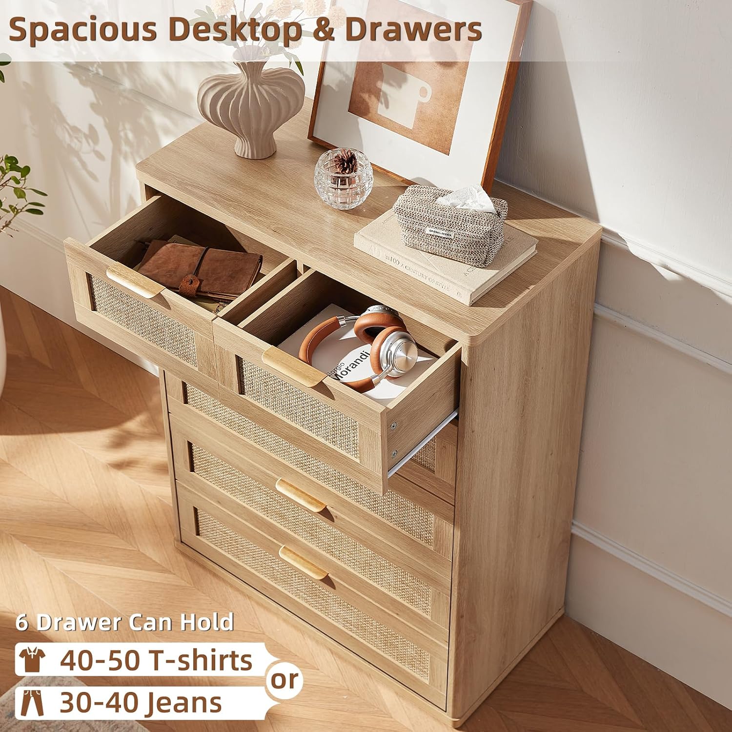 LEYAOYAO Rattan Dresser for Bedroom Set of 2, 41' Tall Chest of Drawers, Modern 6 Drawers Boho Dressers with Storage, Light Oak Dresser Wooden Closet Organizer for Living Room, Hallway, Natural Wood