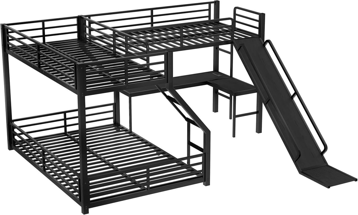 Bellemave Triple Bunk Beds, L-Shape Twin XL Over Queen Bunk Bed Attached a Loft Bed with Desk, Triple Bunk Bed with Slide and USB Ports, Metal Corner Bunkbed Frame for Three Boys Girls Teens, Black