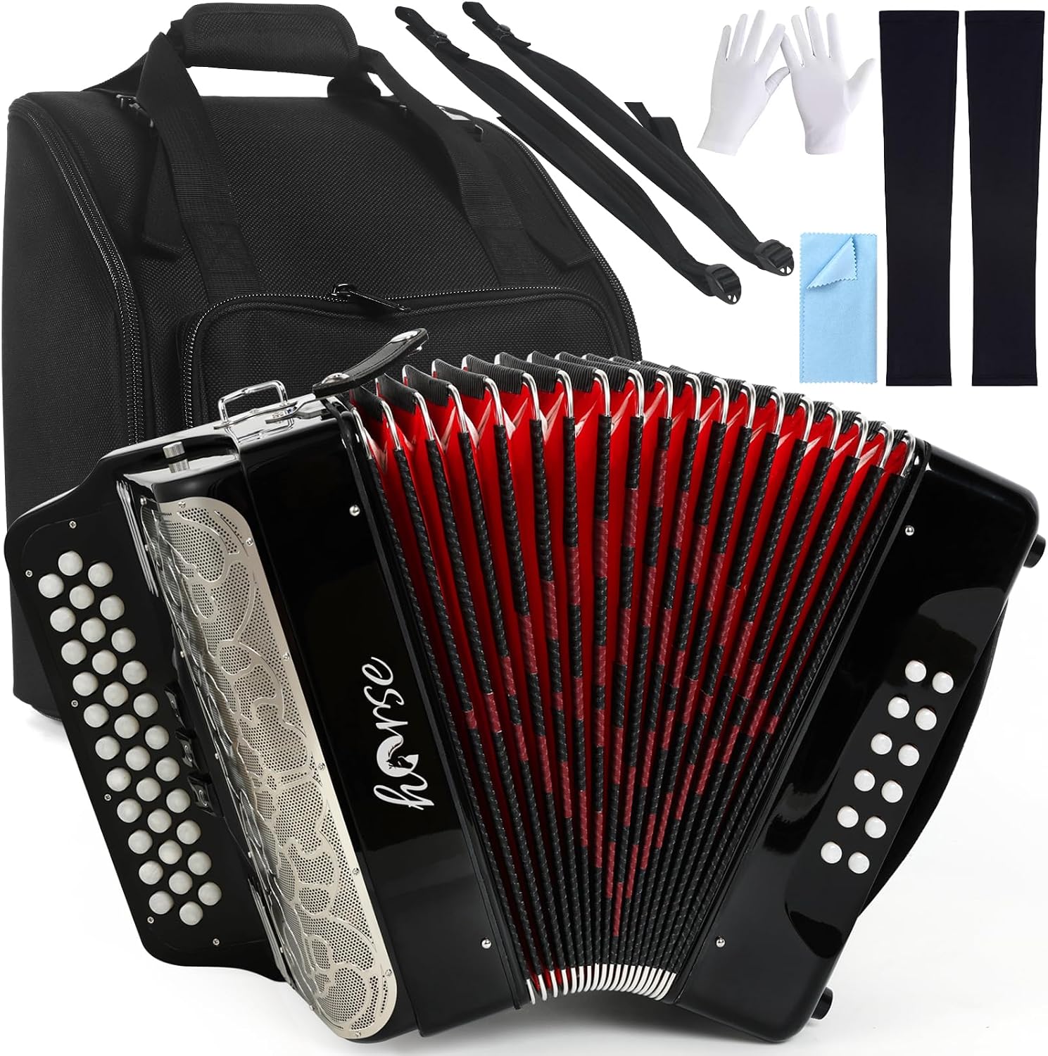 Horse Accordion, 34 Keys 12 Bass Accordion Instrument, G/C/F Tone for Adult Professional Players and Beginners, Comes with Case, Strap, Gloves,Oversleeves, and Wipe Cloth Acordeón Acordeones Adultos