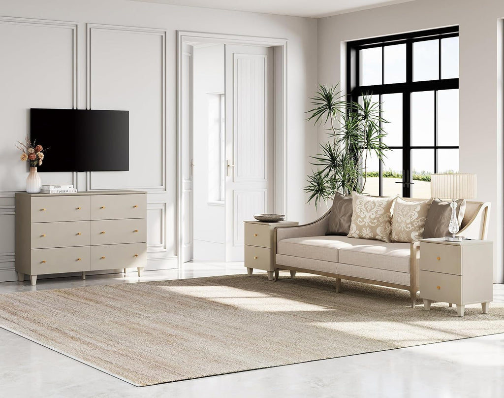WAMPAT TV Stand with 6 Drawers for 55 Inches TVs & Set of 2 End Tables with 2 Drawers and Charging Station for Bedroom, 3 Pieces Modern Wood Living Room Funiture Table Sets, Beige