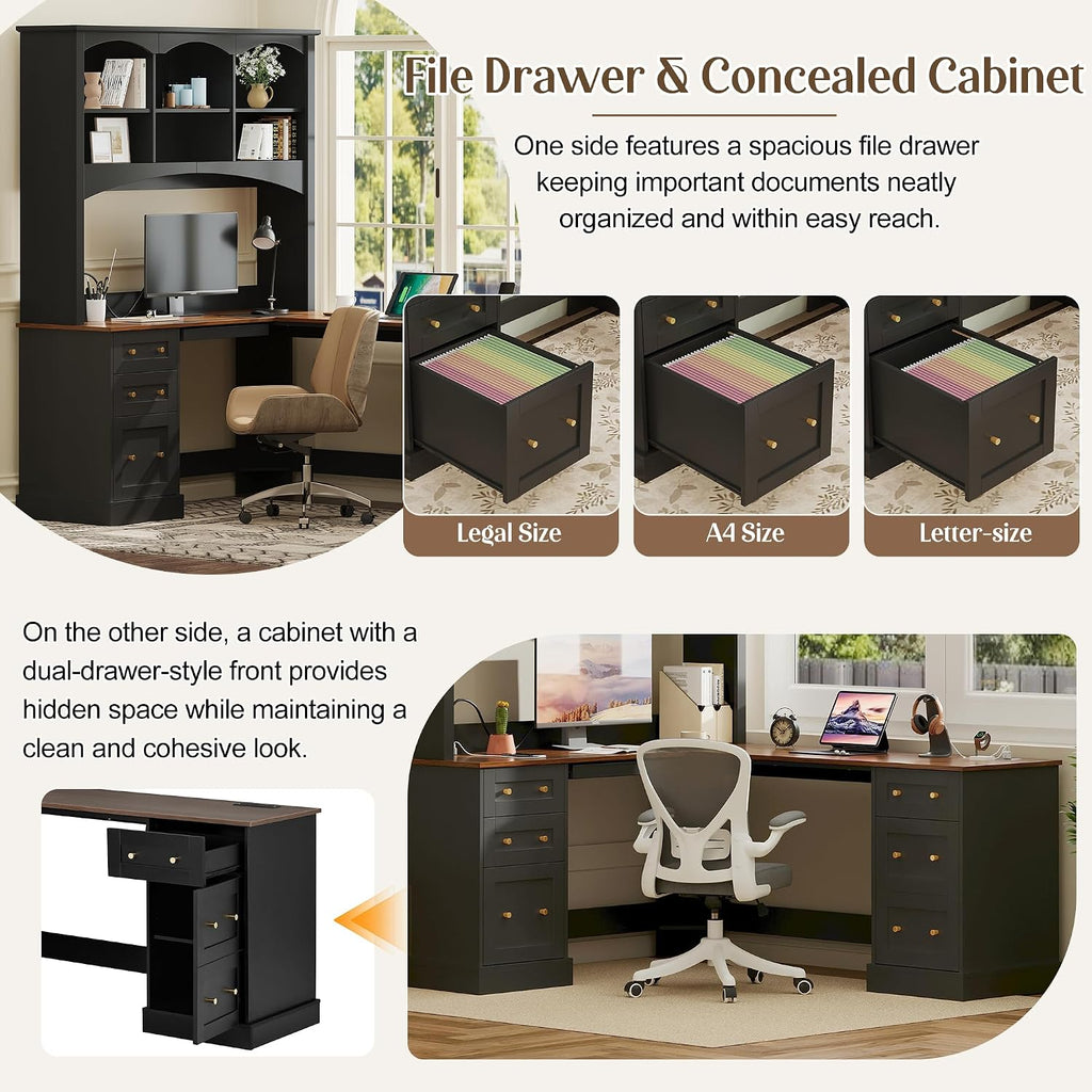 L-Shaped Computer Desk with Keyboard Tray | Charging Stations,Corner Desk with Arched Hutch, All-in-One Home Office Desk for Study, Office