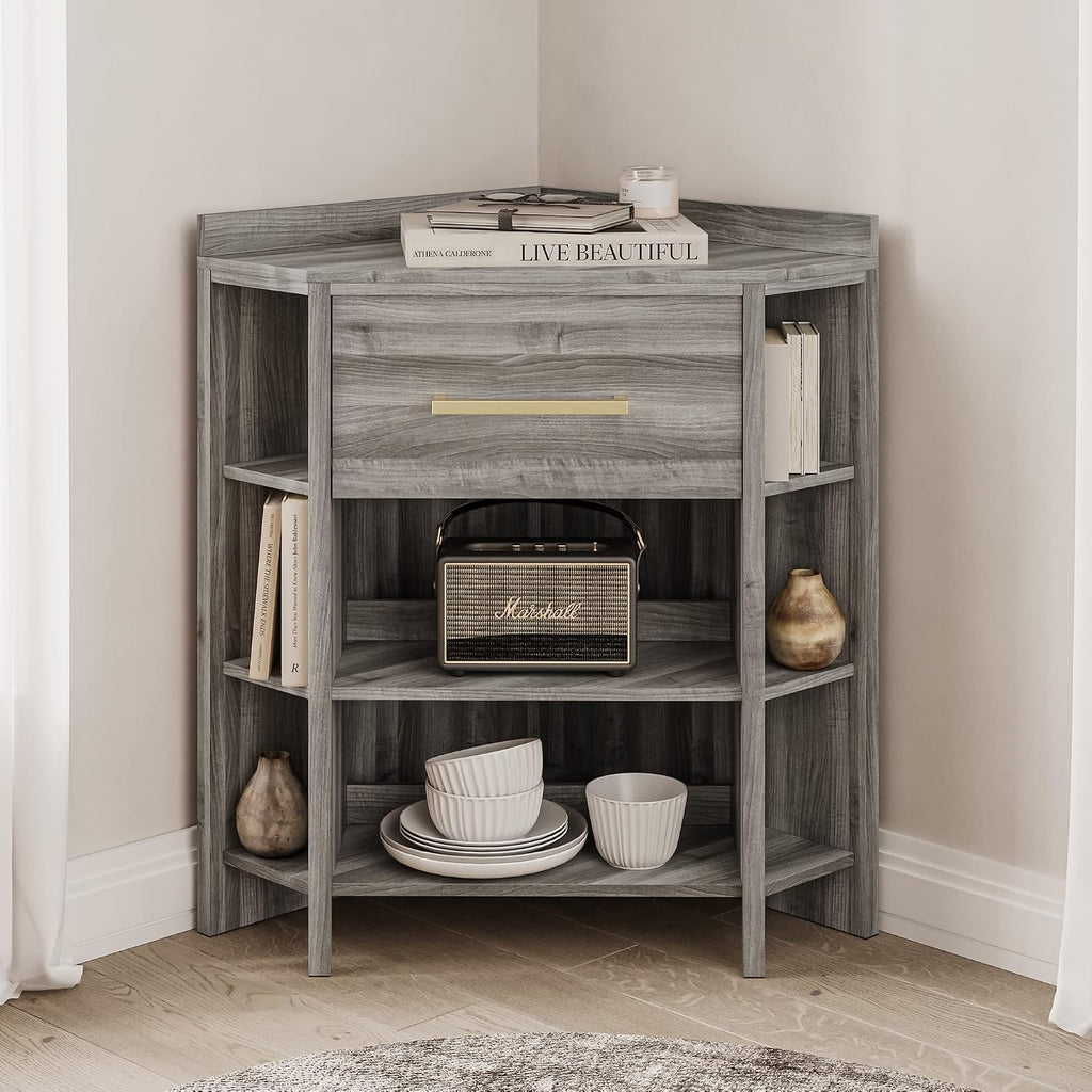 BELLEZE Corner Cabinet with Ultra-Fast USB Type A/C Outlet, Corner Table with 1 Storage Drawer and 8 Shelves, Store and Organize Home Furniture for Bedroom, Living Room Small Space - Sonoma (Gray)