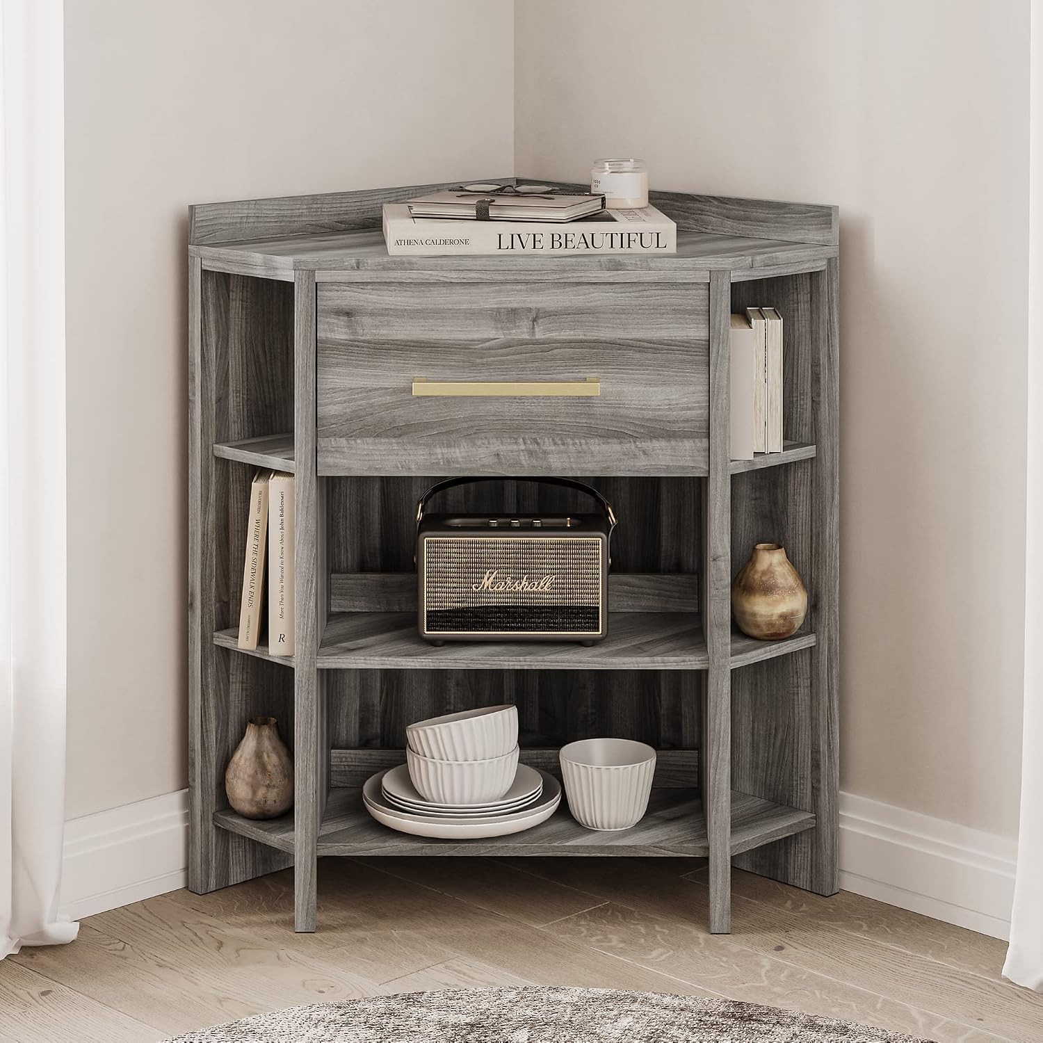 BELLEZE Corner Cabinet with Ultra-Fast USB Type A/C Outlet, Corner Table with 1 Storage Drawer and 8 Shelves, Store and Organize Home Furniture for Bedroom, Living Room Small Space - Sonoma (Gray)