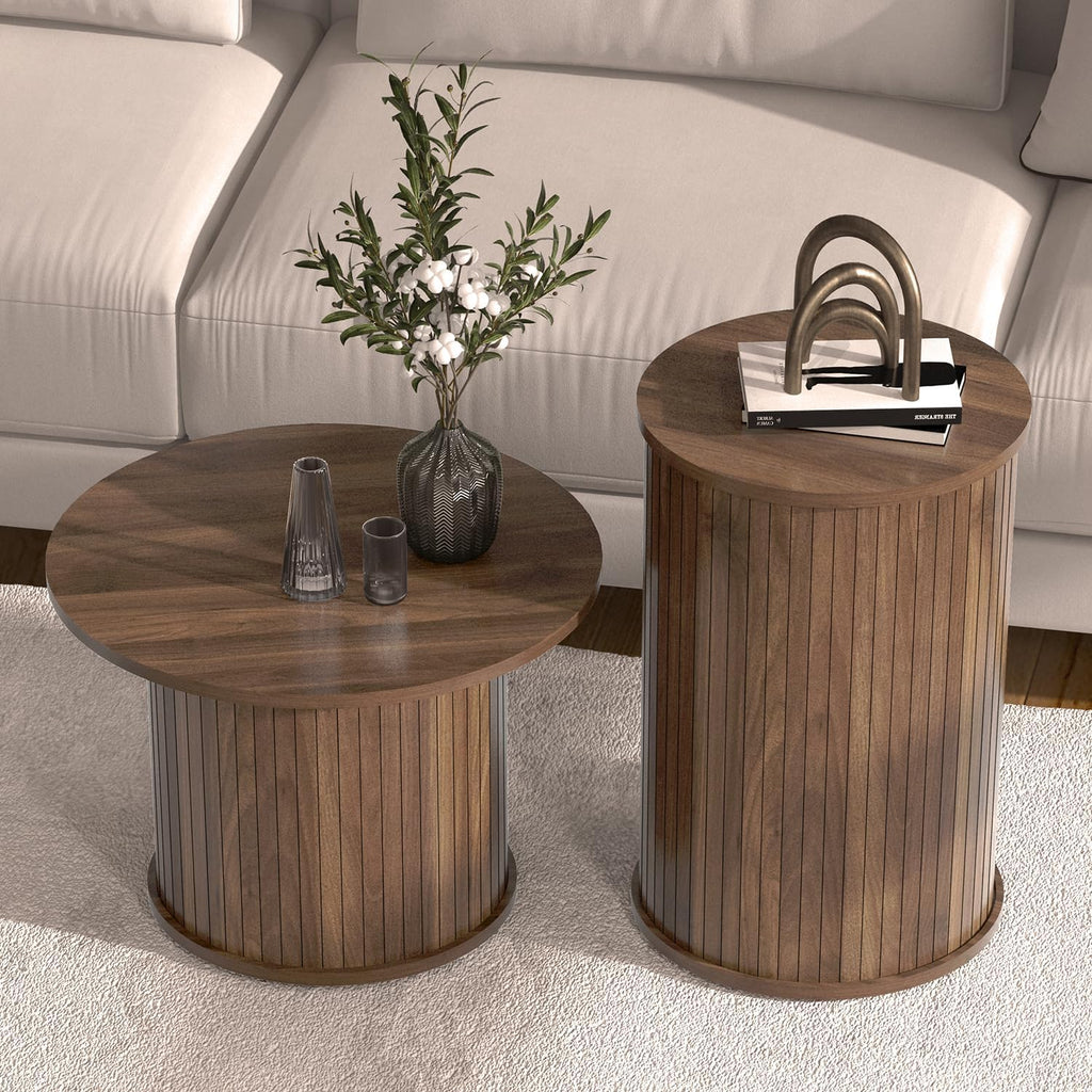 Set of 2 Round Nesting Coffee Tables for Living Room, Fluted Circle Walnut Wood Coffee and End Table Sets for Apartment, Small Spaces, Bedroom, Modern Style, Easy Assembly & Maintenance