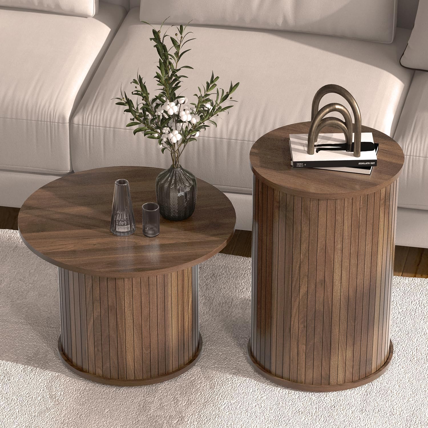 Set of 2 Round Nesting Coffee Tables for Living Room, Fluted Circle Walnut Wood Coffee and End Table Sets for Apartment, Small Spaces, Bedroom, Modern Style, Easy Assembly & Maintenance