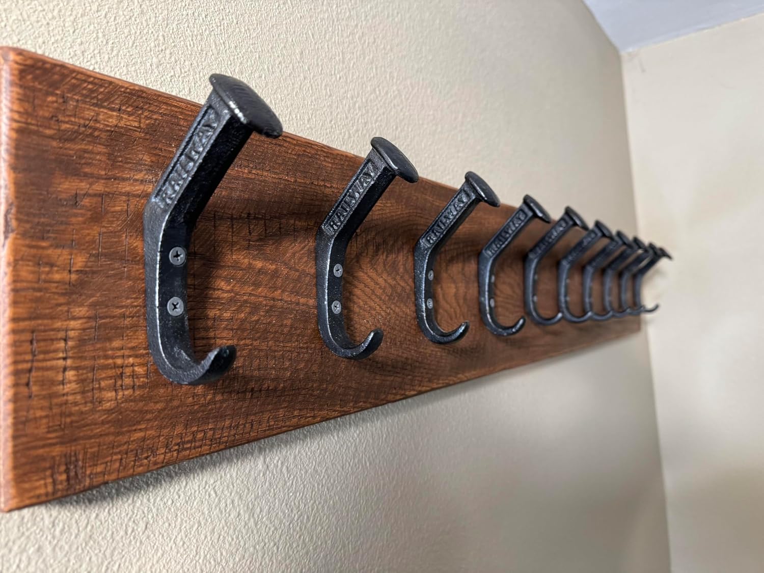Magnolia Oaks Woodshop Rustic Reclaimed Wooden Wall Coat & Hat Rack - 10 Hooks / 45' Long - Farmhouse Handmade Wood Wall Rack with Railroad Spike Hooks