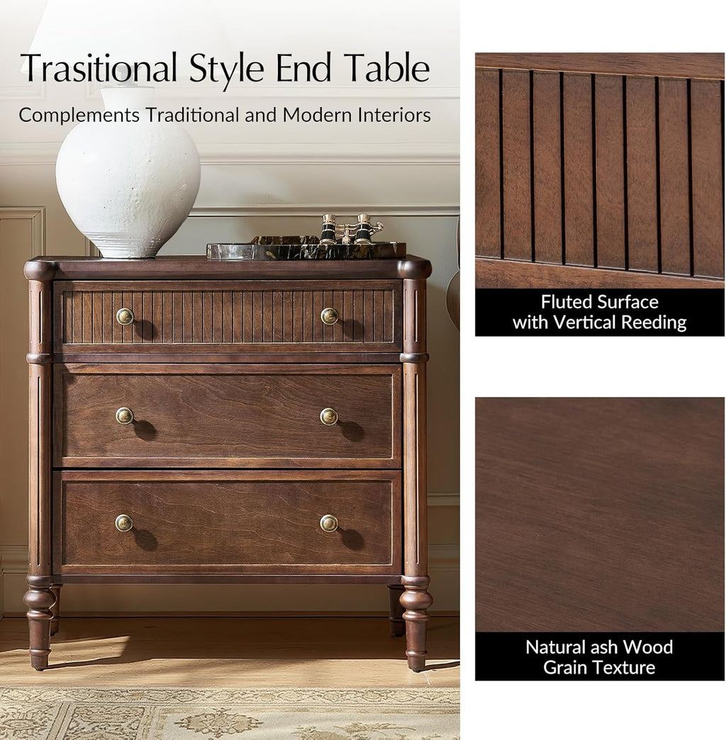 HULALA HOME Traditional End Table with Charging Station, Fluted End Tables with Wood Drawers and Solid Wood Spindle Legs, 28 Inch Wide Storage, Walnut