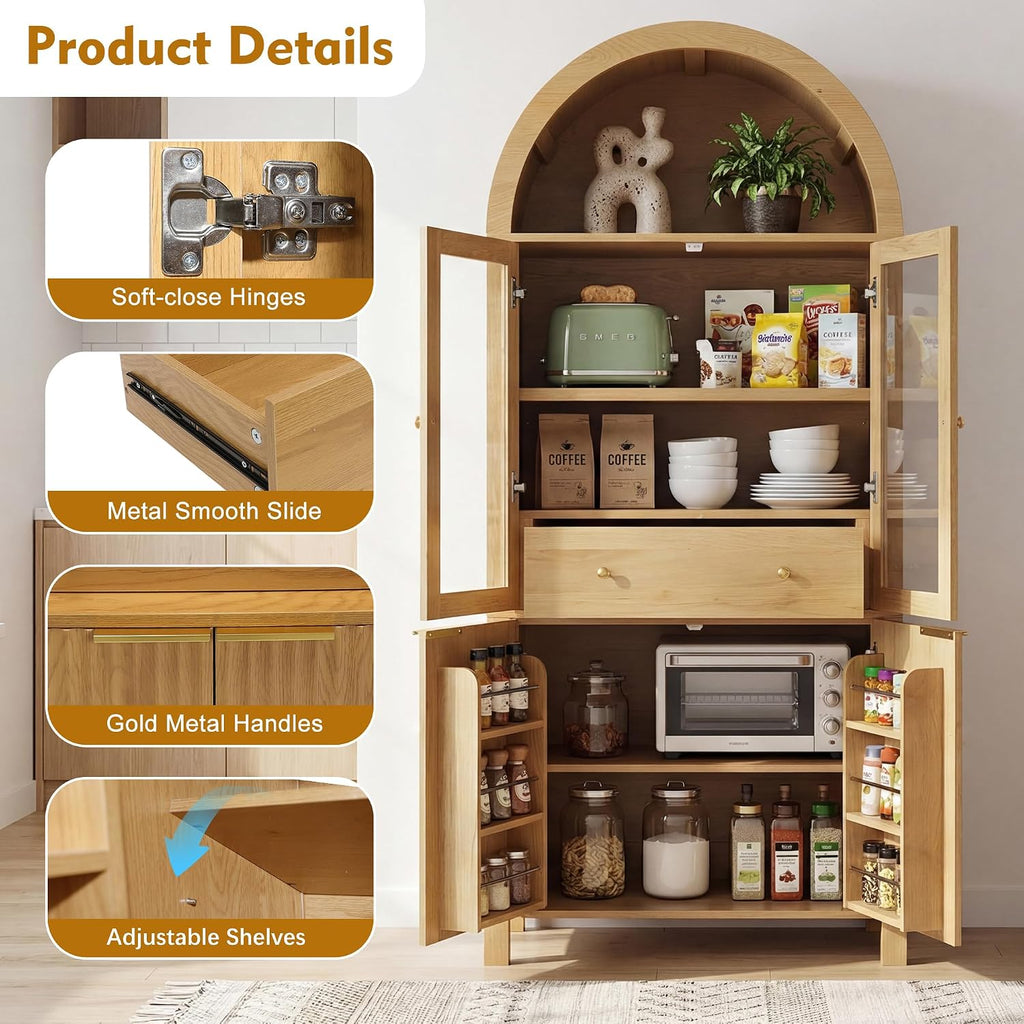 71' Tall Arched Kitchen Pantry with Drawer,Glass Door,Door Racks, Fluted Hutch Cabinet with Storage & Adjustable Shelves,Cupboard Buffet Cabinet for Living Room, Coffee Bar Corner(Natural) (Natural-1)