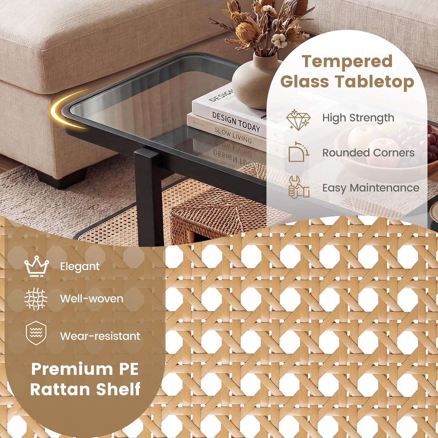 GOFLAME Rattan Coffee Table, 47.5' Solid Wood Center Table with Tempered Glass Top & Rattan Storage Shelf, Rectangular, Farmhouse, Boho, 2-Tier Mid Century Modern Tea Table for Living Room (Black)