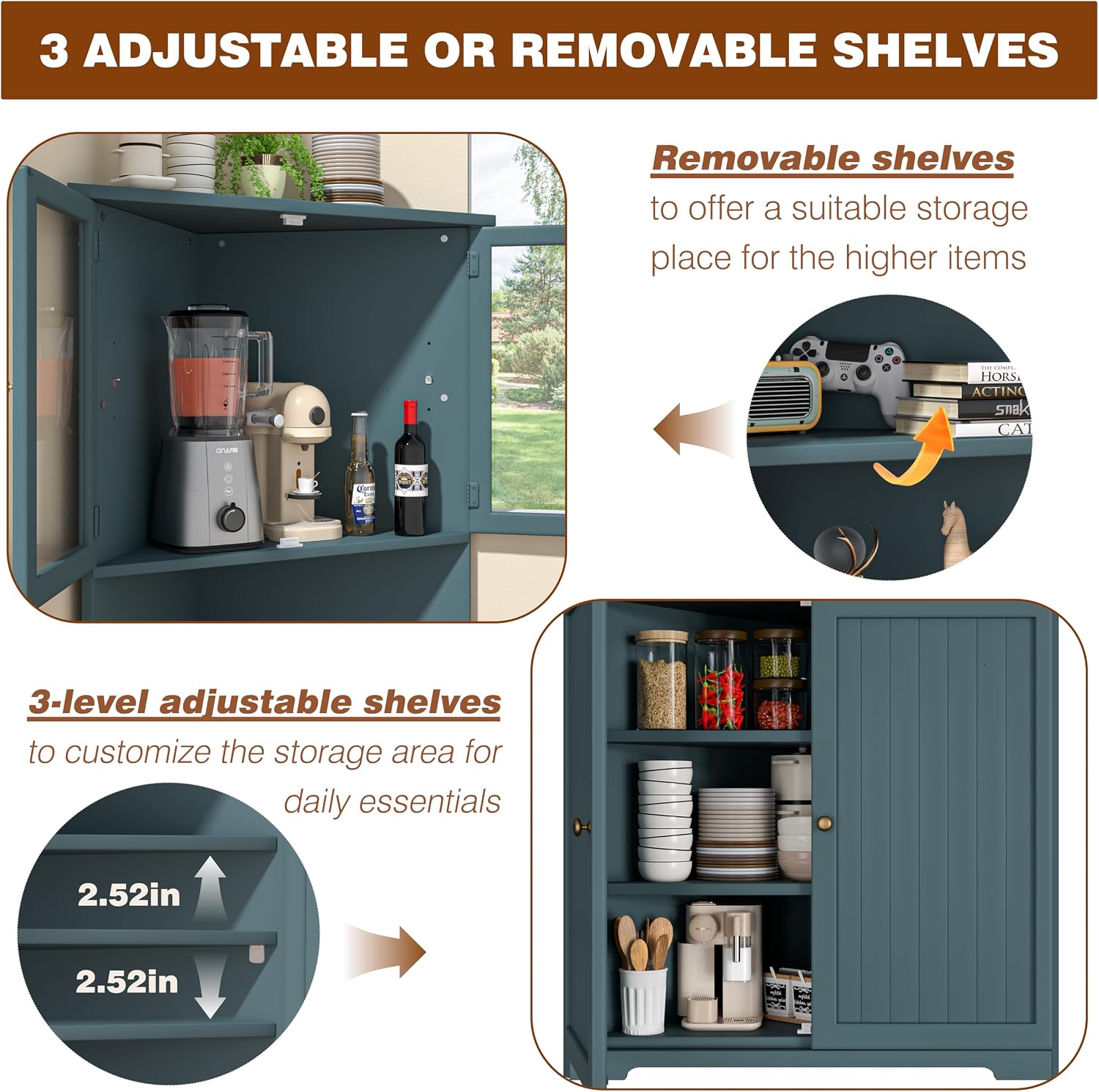 BlueWish 71' Corner Cabinet, Storage Cabinet with Glass Doors and Shelves, Corner Kitchen Cabinets, Hutch Cabinets for Display Living Room Office Bathroom, Dark Teal