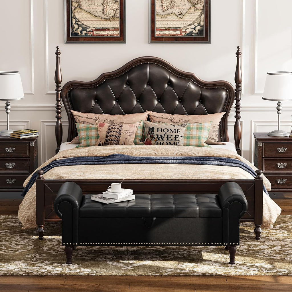 Apicizon 51' Bench with Storage, Queen Size Faux Leather End of Bed Bench with Tufted Button, Ottoman Bench with Rolled Arms & Vintage Rivets for Foot of Bed, Living Room, Entrance, Black