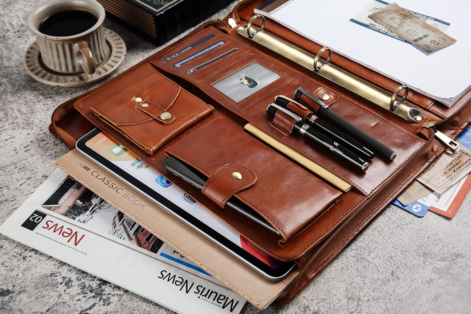 DUKE&COW Leather Portfolio with 3 Ring Binder, Personalized Leather Binder Padfolio Executive Folio Zippered, Engraved Leather Folder Portfolio Organizer, Custom Gift for Men Women （Brown, Custom）