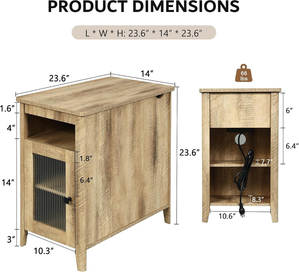 iPormis End Table Set of 2 with Charging Station, Narrow Side Table for Living Room, Farmhouse Night Stand with Storage Cabinet, Wooden Bedside Table for Bedroom Small Space, Brown