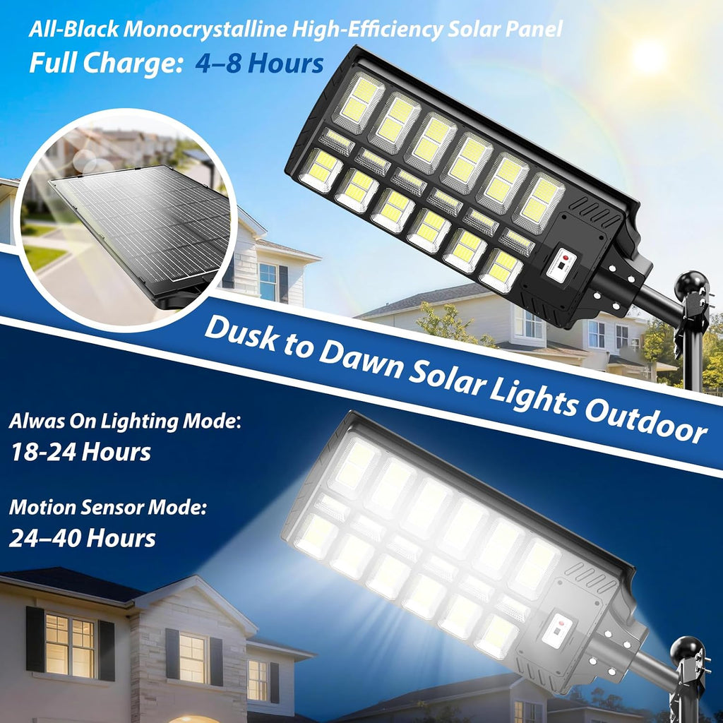 10000W Solar Street Lights Outdoor, Large Solar Powered Street Light Waterproof with Motion Sensor and Remote Control, 6500K Commercial Security Flood Lighting for Parking Lot, Yard, 2 Pack
