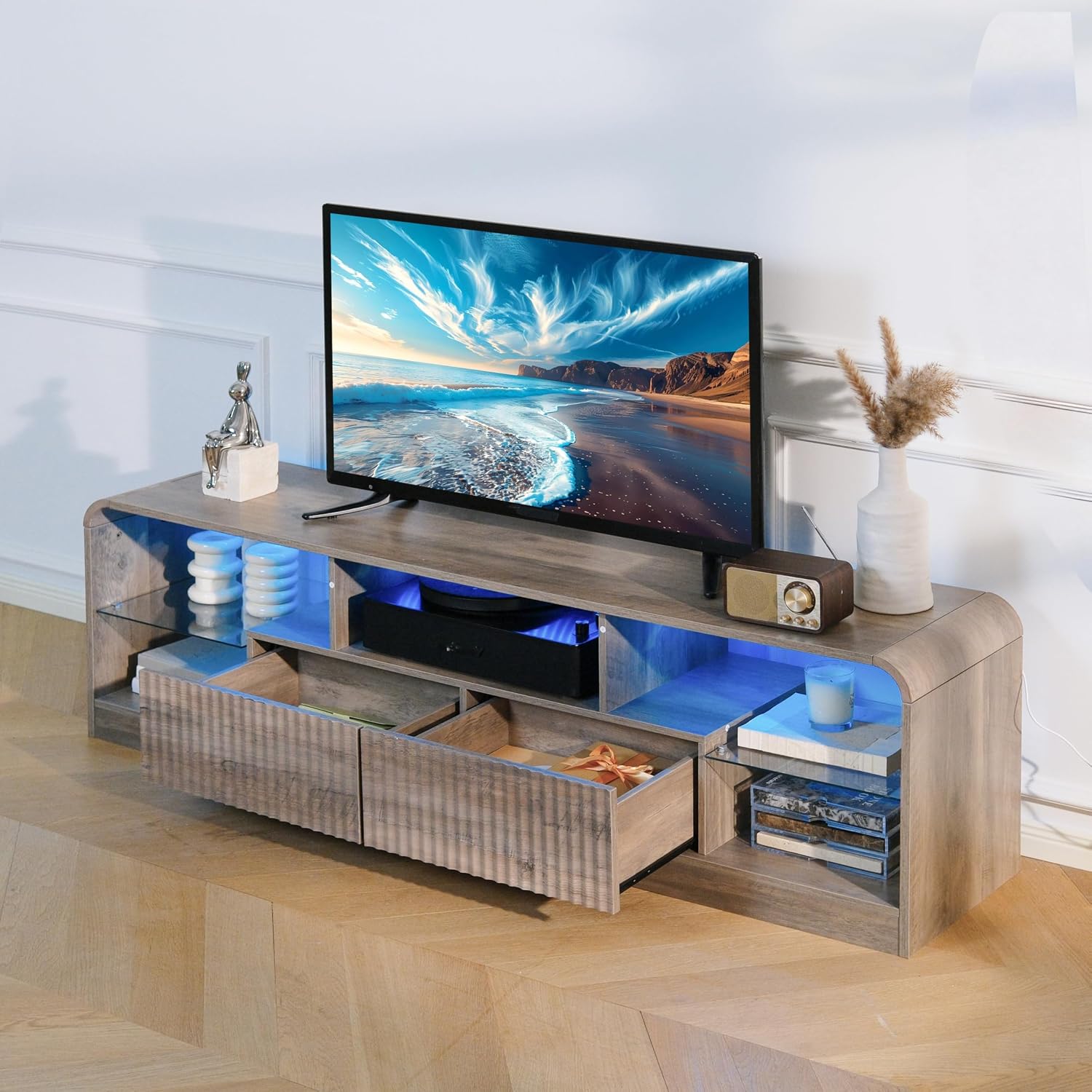 Wodeer Mid Century Modern TV Stand for 55 60 65 70 75 Inch TVs, Fluted TV Stands for Living Room with LED Lights, 63'' Entertainment Center with 2 Large Drawers & Glass Shelves, Grey