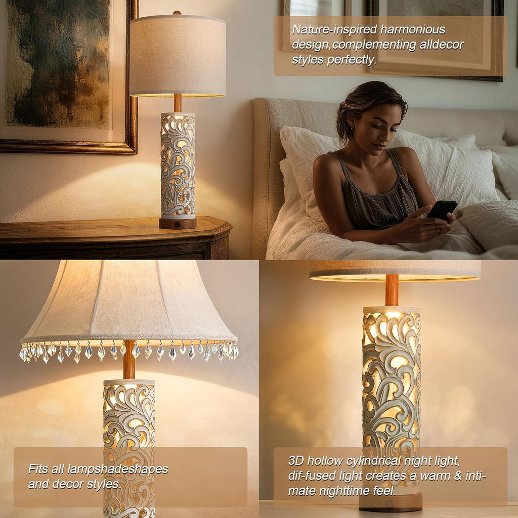 OYEARS 2-in-1 Light Table Lamp Set of 2 for Living Room, 28.5' Farmhouse Bedside Lamps with USB Charging Port, Main&Night Light & Dual Switches, Nightstand Lamp for Bedroom Home Office(Bulb Included)