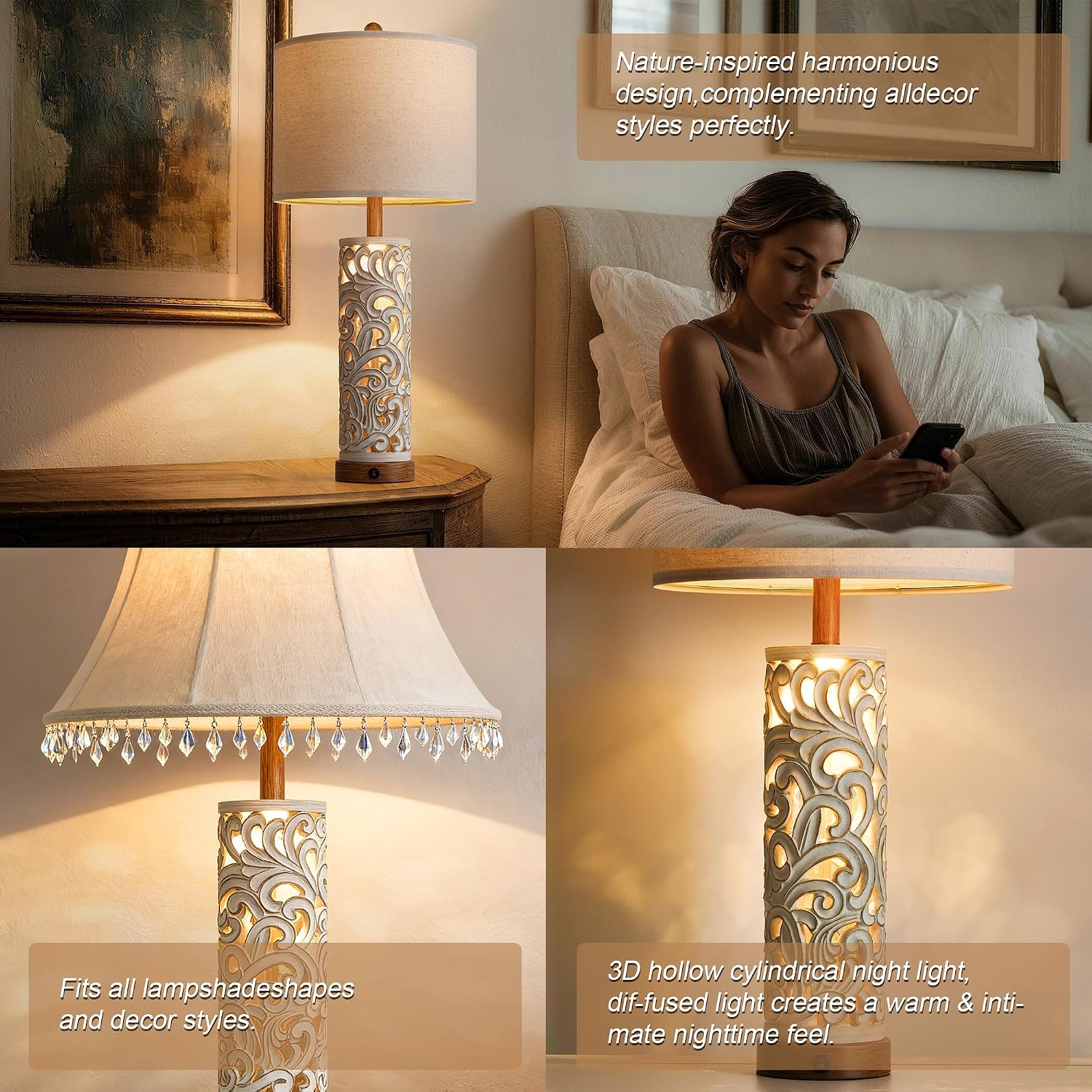 OYEARS 2-in-1 Light Table Lamp Set of 2 for Living Room, 28.5' Farmhouse Bedside Lamps with USB Charging Port, Main&Night Light & Dual Switches, Nightstand Lamp for Bedroom Home Office(Bulb Included)