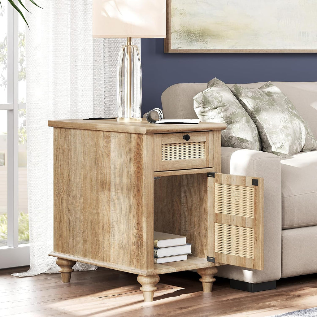 WAMPAT Tall Side Table with Charging Station, Rattan Night Stand with Drawer & Cabinet, Narrow Wooden End Table with Power Outlets & USB Ports for Living Room, Bedroom, Oak