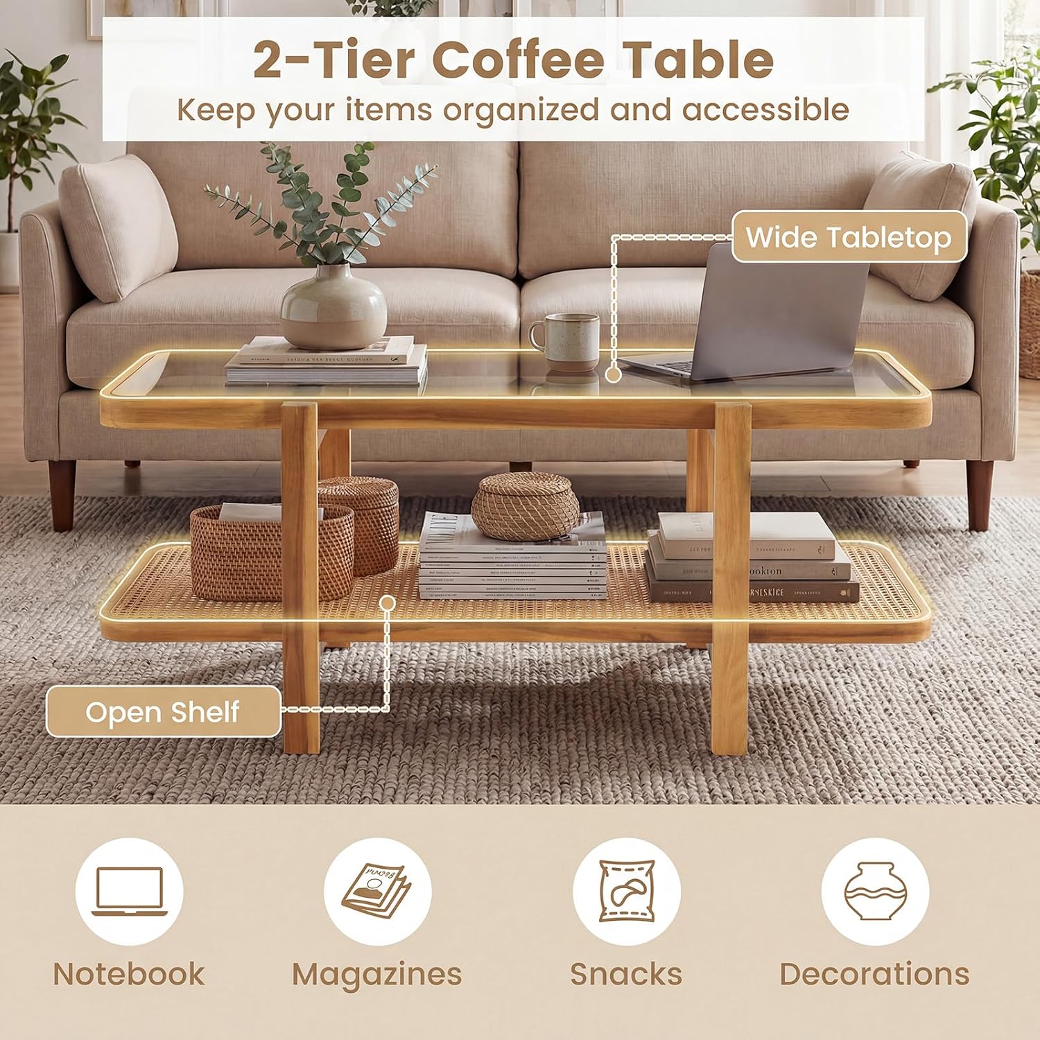 GOFLAME Rattan Coffee Table, 47.5' Solid Wood Center Table with Tempered Glass Top & Rattan Storage Shelf, Rectangular, Farmhouse, Boho, 2-Tier Mid Century Modern Tea Table for Living Room (Oak)