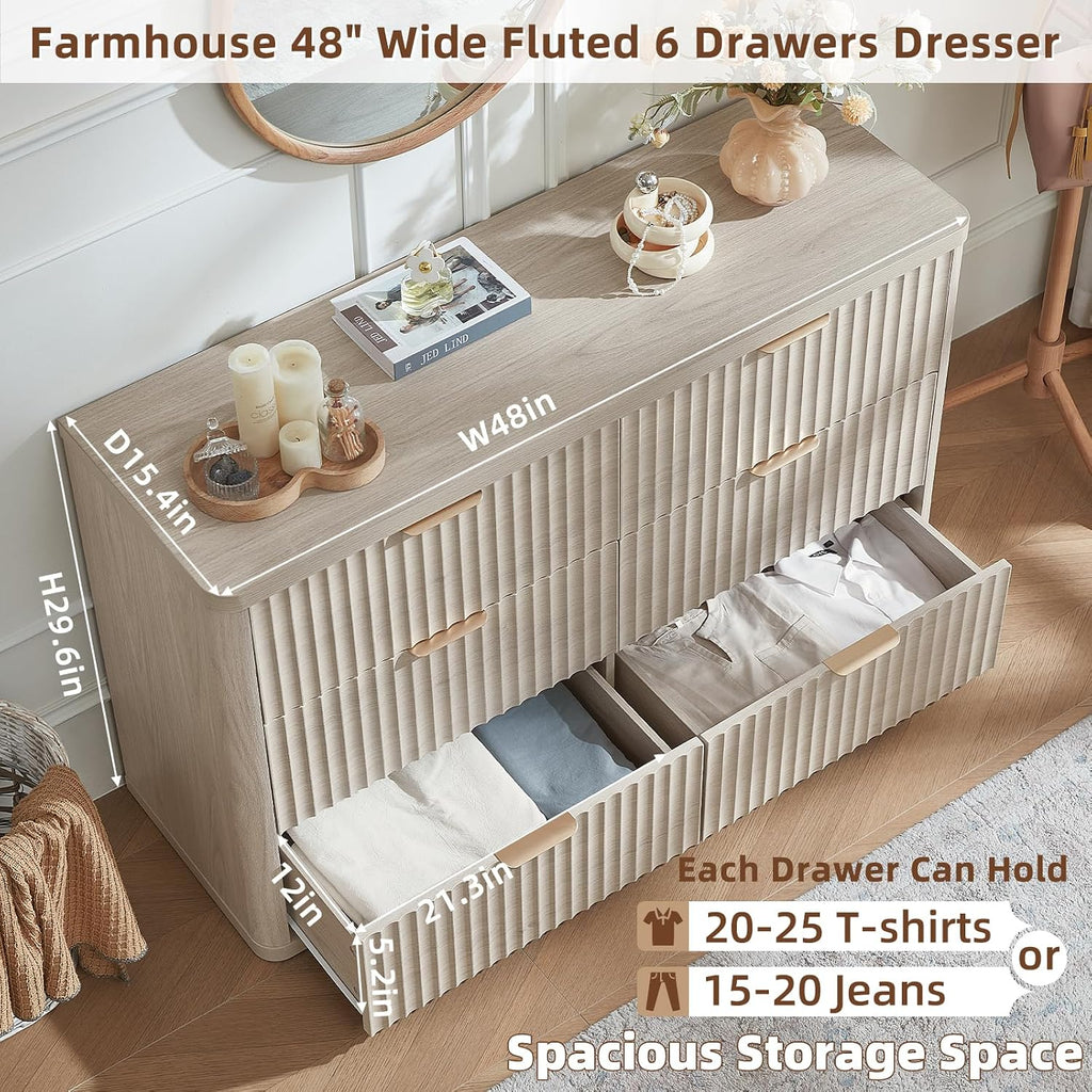 LEYAOYAO Fluted 6 Drawers Dresser Set of 2, 48' Wide Modern Chest of Drawers with Metal Handle, Light Grey Curved Profile Dresser TV Stand, Wooden Drawer Organizer for Bedroom, Living Room, Hallway